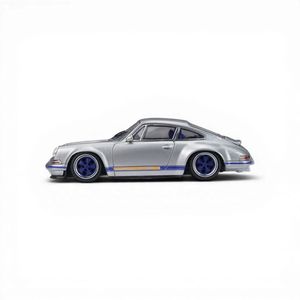 Lot57Supplies Diecast Shop: Silver blue striped 1:64 scale Singer Coupe diecast model car with blue wheels.