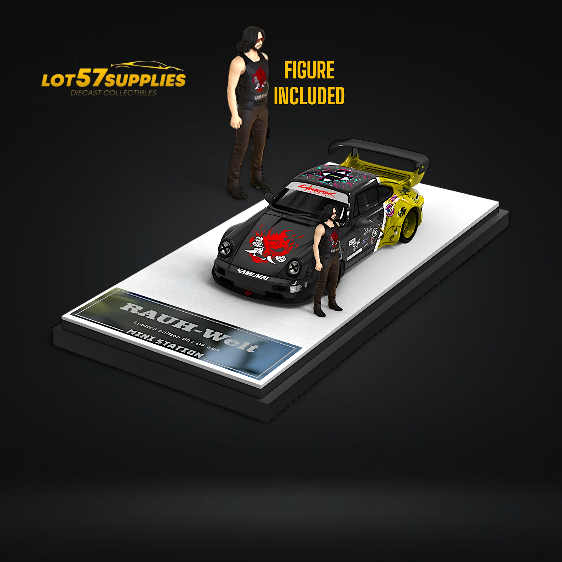 Mini Station Porsche RWB 964 Samurai Cyberpunk 2077 Black / Yellow Figure Version 1:64