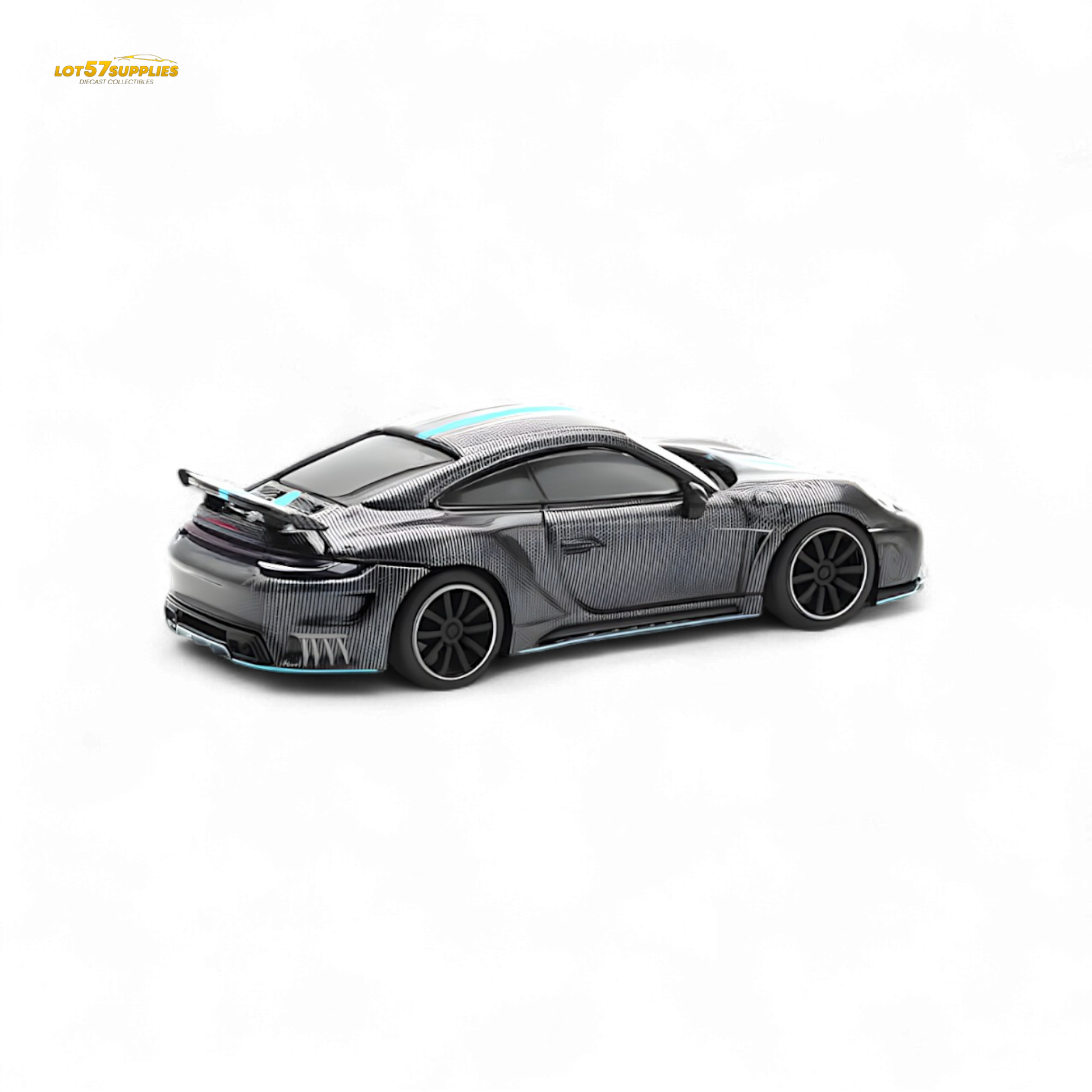 PopRace Porsche 992 Stinger GTR Carbon Edition Carbon Grey Blue Line 1:64 Diecast Model