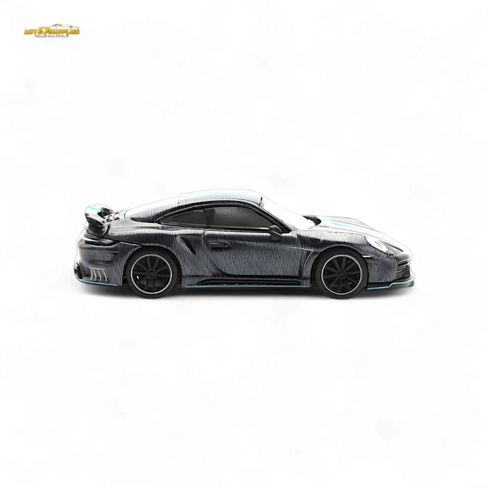 PopRace Porsche 992 Stinger GTR Carbon Edition Carbon Grey Blue Line 1:64 Diecast Model