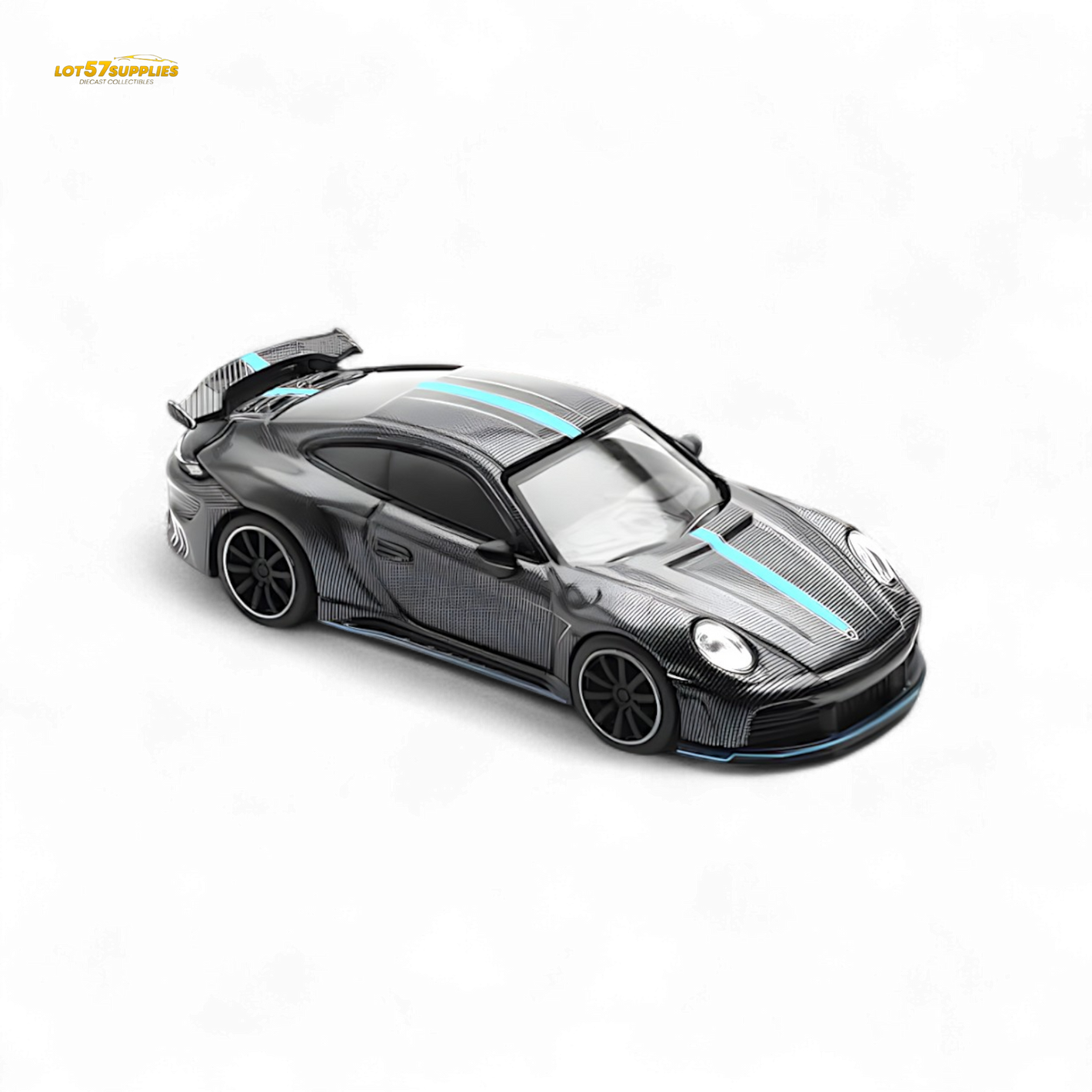 PopRace Porsche 992 Stinger GTR Carbon Edition Carbon Grey Blue Line 1:64 Diecast Model