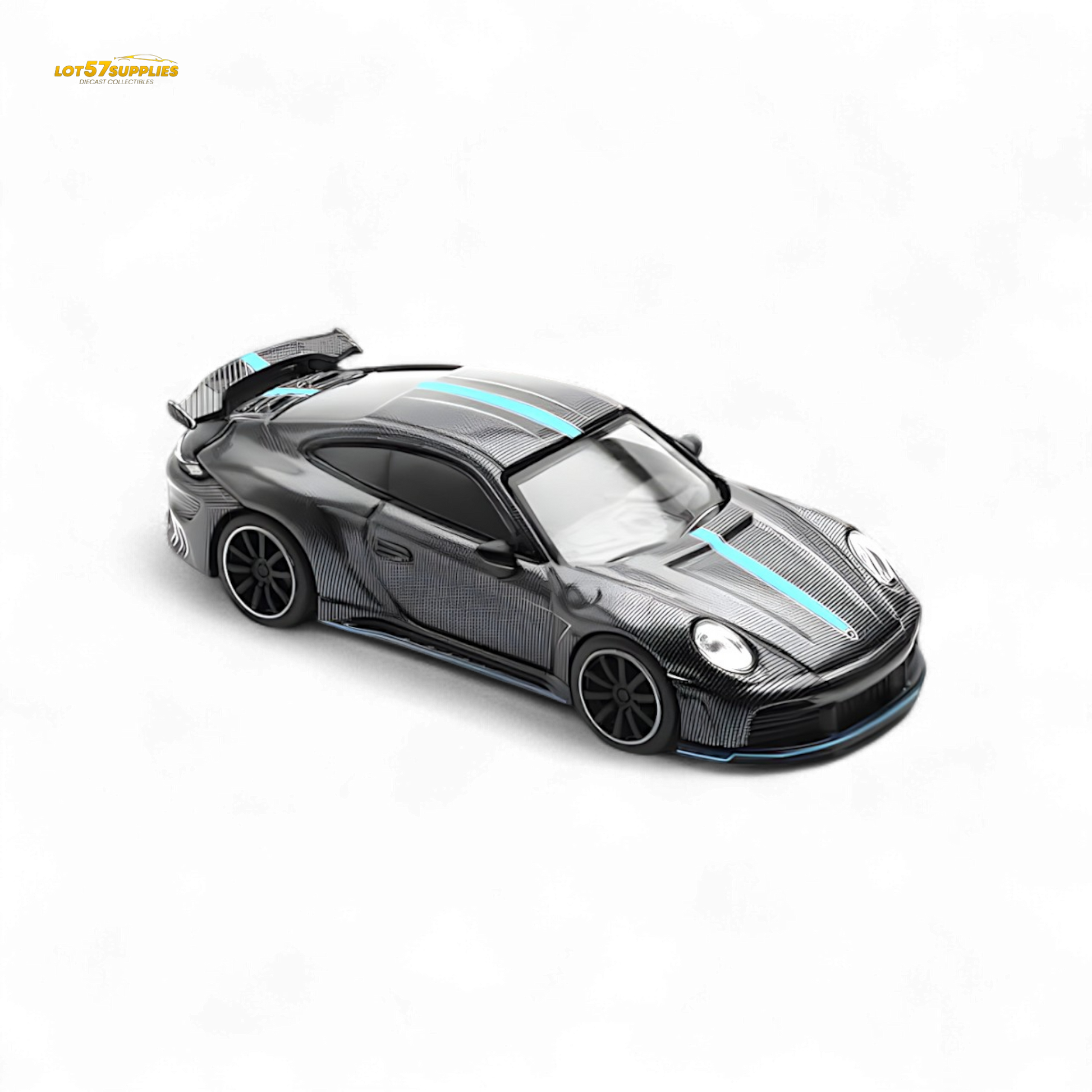 PopRace Porsche 992 Stinger GTR Carbon Edition Carbon Grey Blue Line 1:64 Diecast Model