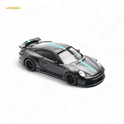 PopRace Porsche 992 Stinger GTR Carbon Edition Carbon Grey Blue Line 1:64 Diecast Model