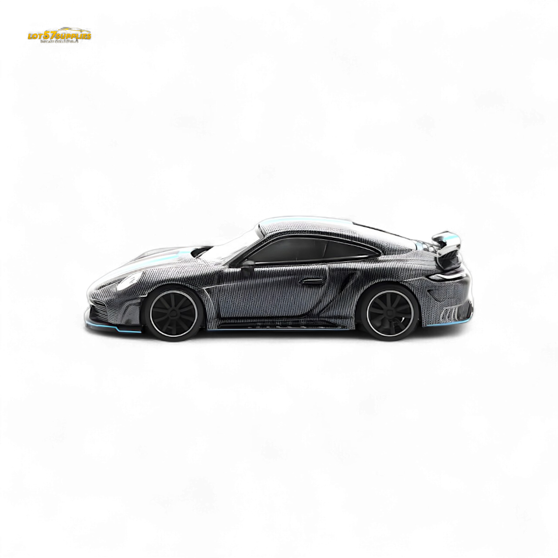 PopRace Porsche 992 Stinger GTR Carbon Edition Carbon Grey Blue Line 1:64 Diecast Model