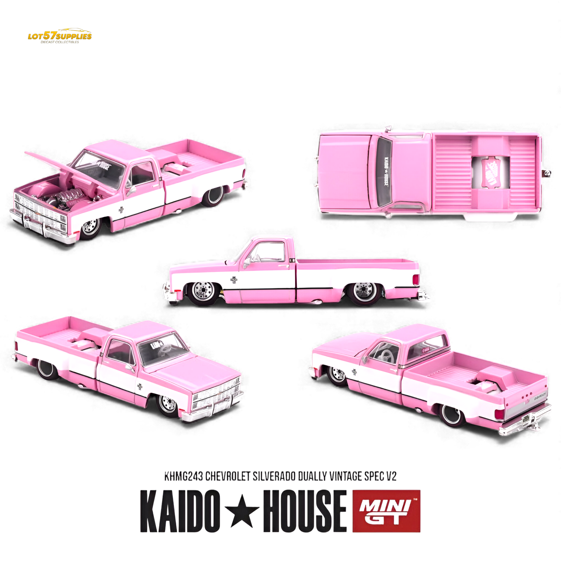 Mini GT x Kaido House Chevrolet Silverado Dually Vintage Spec V2 Pink 1:64 Diecast Model