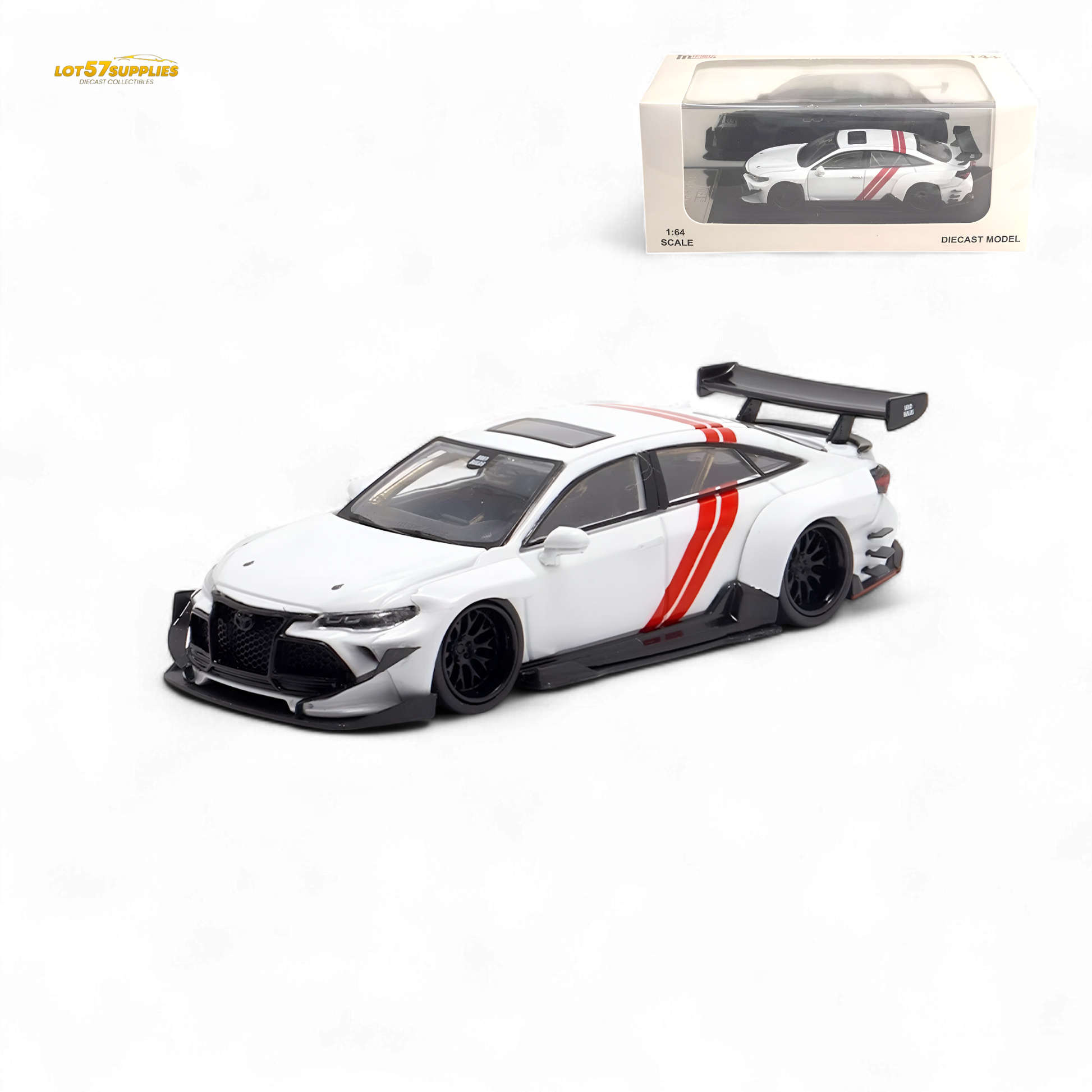 White and red model car with a black spoiler on a white background, featuring a Lotus logo.