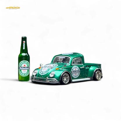 Green model truck and bottle with Heineken logo on a white background