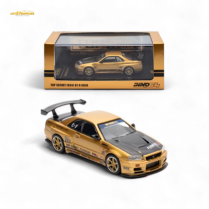 Gold toy car with black roof and detailed design in front of its packaging on a white background