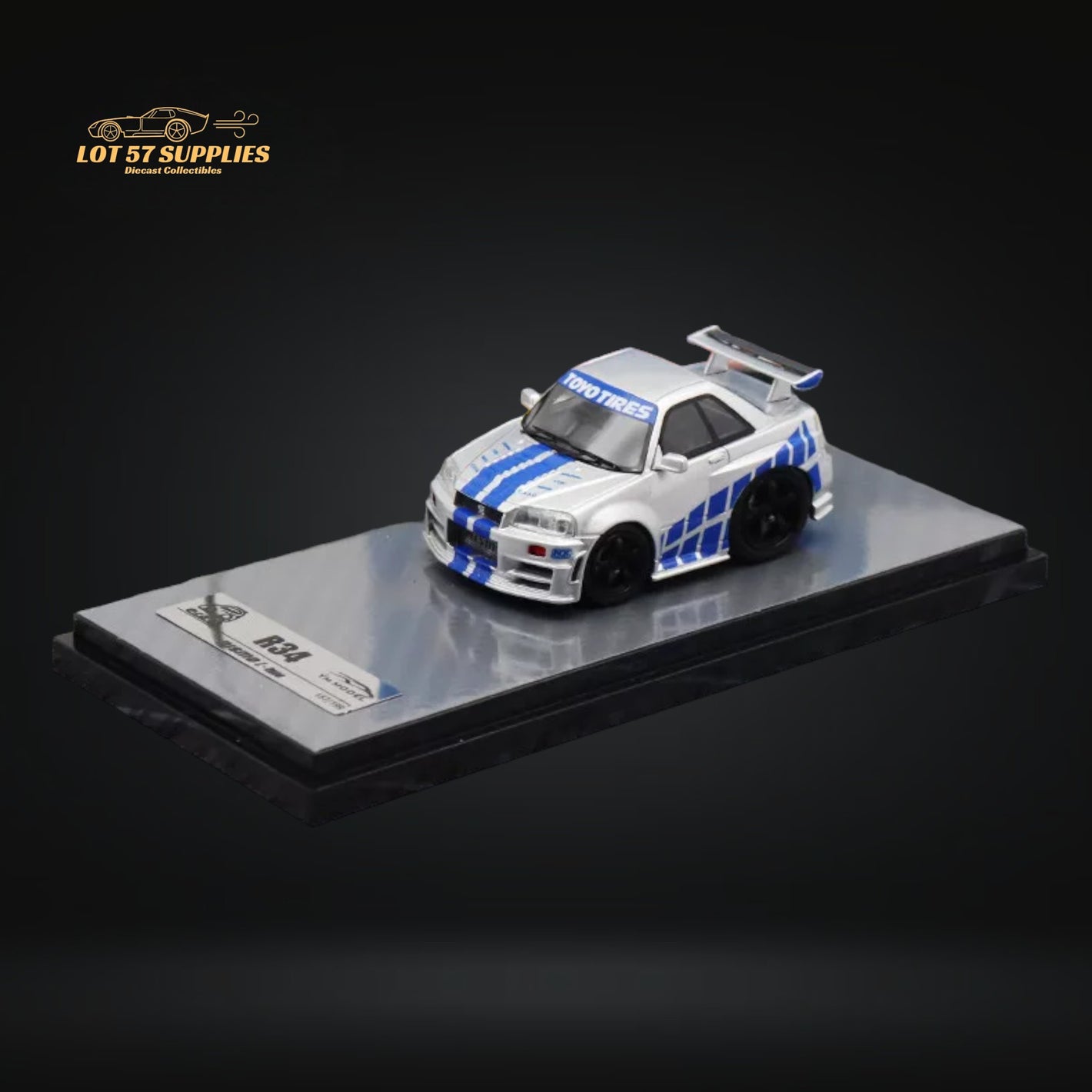 YM model X Q CAR Skyline R34 Silver Blue F&F Livery Resin 1:64