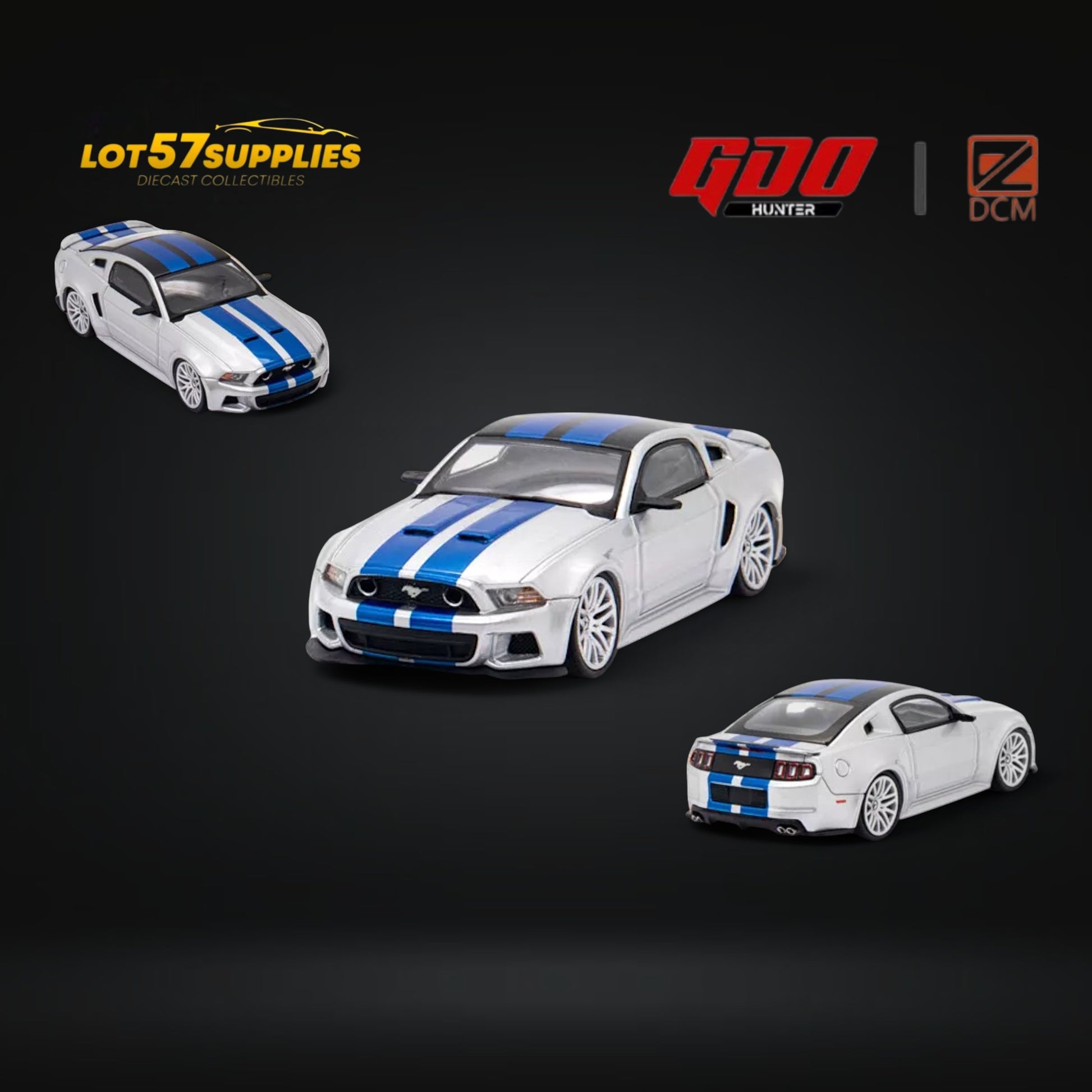 GDO Hunter x DCM 2014 Ford Mustang GT 5.0 Silver With Blue Stripes 1:64