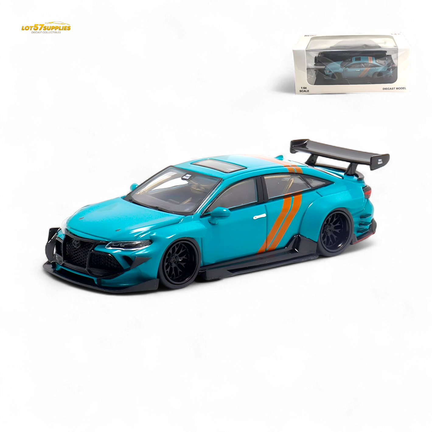 Turquoise model car with orange stripes on a white background