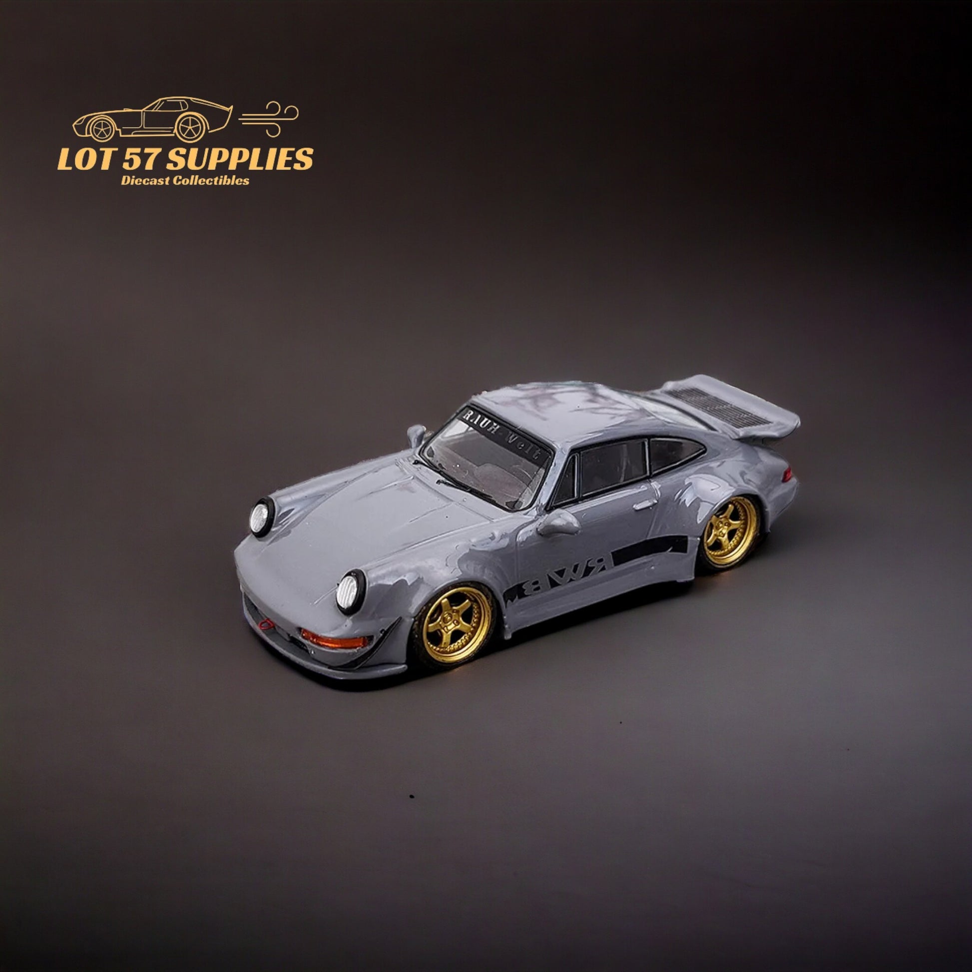 Flame Porsche 964 RWB Whale Tale in Cement Gray 1:64