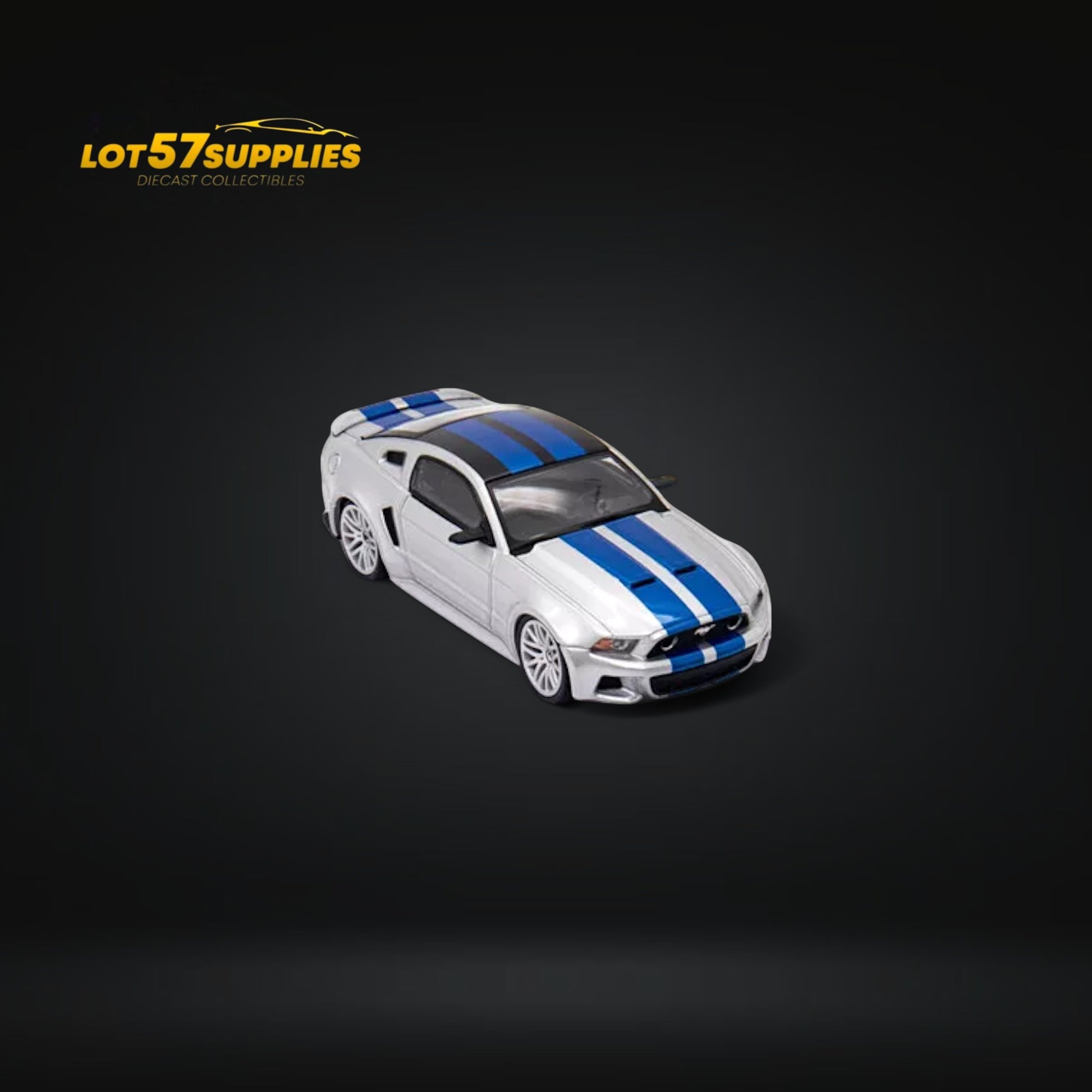 GDO Hunter x DCM 2014 Ford Mustang GT 5.0 Silver With Blue Stripes 1:64