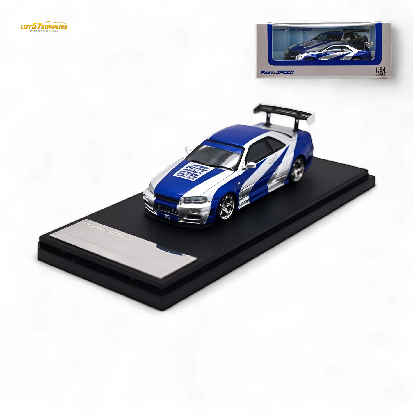 Fast Speed Nissan Skyline R34 GT-R Silver Blue Strips 1:64 Diecast Model