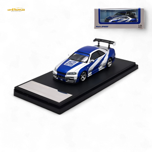Fast Speed Skyline R34 GT-R 5th Generation BNR34 Silver Blue Strips 1:64