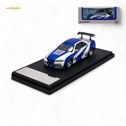 Fast Speed Skyline R34 GT-R 5th Generation BNR34 Silver Blue Strips 1:64