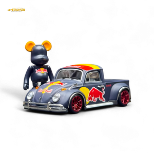 Toy figure of a bear with a Red Bull-themed toy truck on a white background