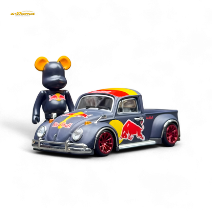 Toy figure of a bear with a Red Bull-themed toy truck on a white background