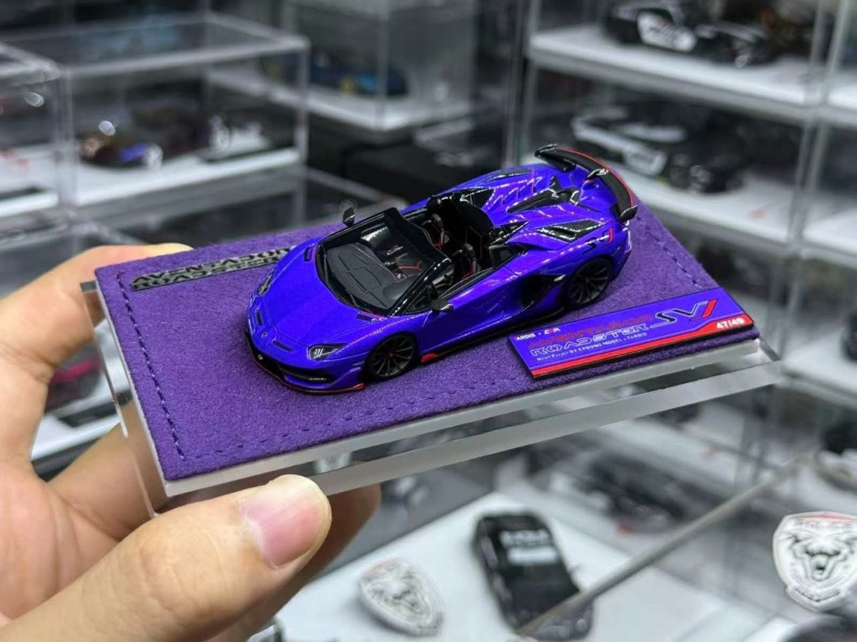 TARDIS x EDM Lamborghini Aventador SVJ Roadster 1:64 resin model in purple