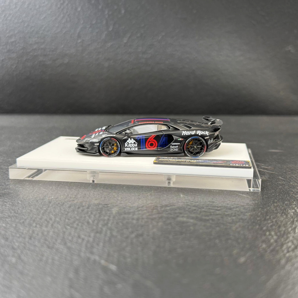 TARDIS Gumball3000 Lamborghini Aventador SVJ Matte Black Resin 1:64 diecast, side profile on white display base