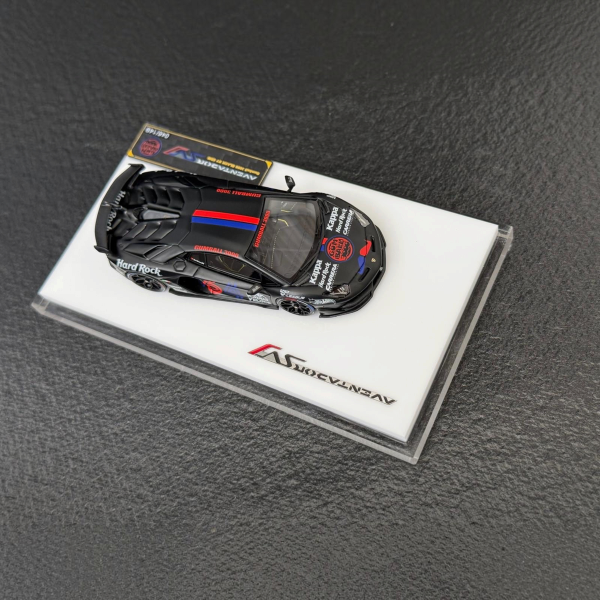 TARDIS Gumball3000 Lamborghini Aventador SVJ Matte Black Resin 1:64 diecast model, high-angle view on white display base