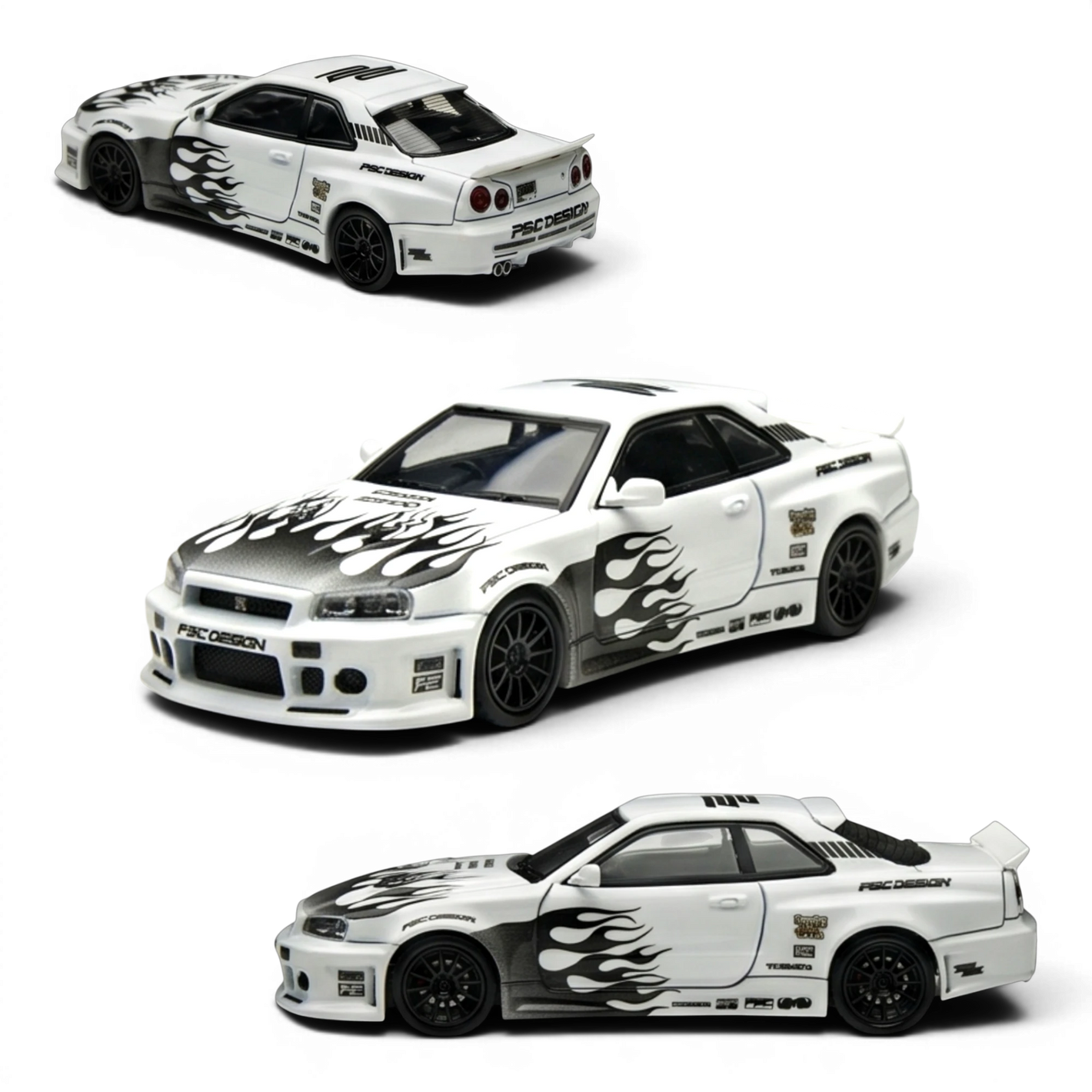 (Pre-Order) TimeMicro x PSC Design Nissan Skyline R34 GT-R Smilodon Black White 1:64 — angle 1