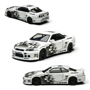 (Pre-Order) TimeMicro x PSC Design Nissan Skyline R34 GT-R Smilodon Black White 1:64 — angle 1