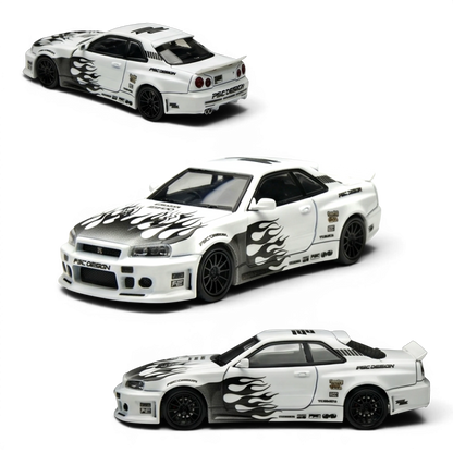 (Pre-Order) TimeMicro x PSC Design Nissan Skyline R34 GT-R Smilodon Black White 1:64 — angle 1