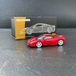 TOC x EDM x AHandofGod Ferrari 458 Rosso Corsa + White Stripe 1:64 diecast model, front three-quarter beside its box