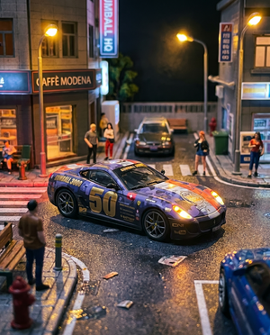 Lot57Supplies Diecast Shop: 1:64 scale resin model of a blue and gold WAM x EDM Ferrari 599 GTO with Gumball 3000 livery.