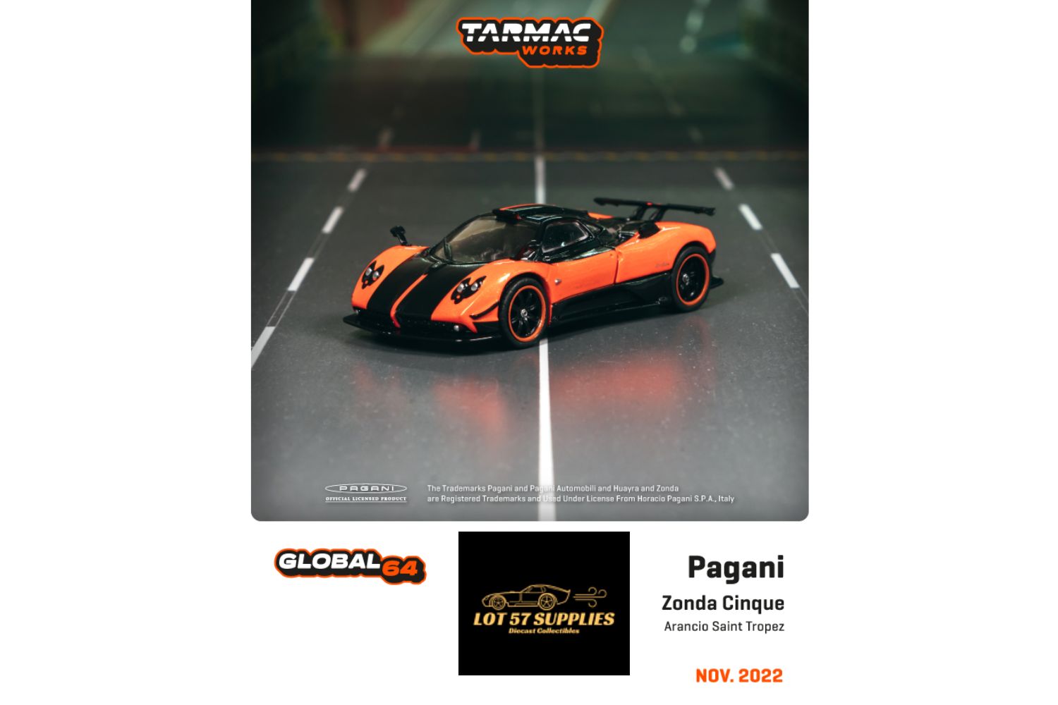 Tarmac Works Global64 Pagani Zonda Arancio Saint Tropez Item #T64G-TL021-OR 1:64