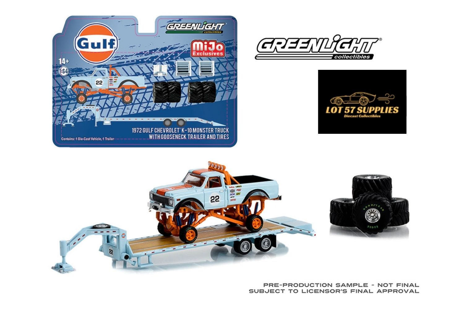 LOOSE Greenlight 1972 Chevrolet K-10 Monster Truck With Gooseneck Trailer & Tires Gulf Racing 1:64