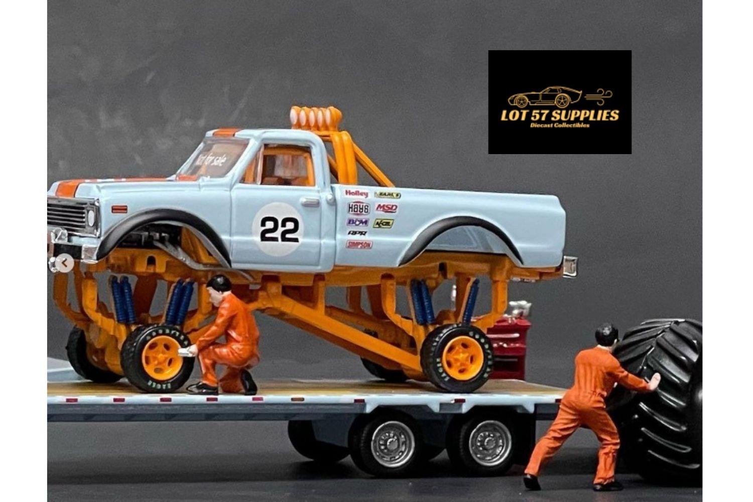 LOOSE Greenlight 1972 Chevrolet K-10 Monster Truck With Gooseneck Trailer & Tires Gulf Racing 1:64