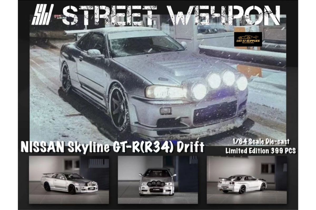 (Pre-Order) Street Weapon Nissan (R34) GT-R in Silver Snow Drift 1:64