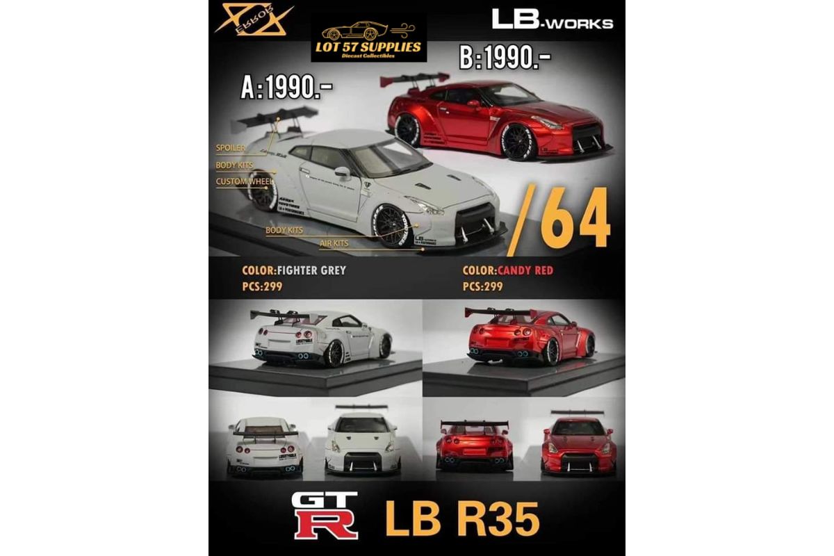 (Pre-Order) Error 404 LB-Works Nissan Skyline GT-R R35 Fighter Grey / Candy Red Limited to 299 Pcs Each 1:64